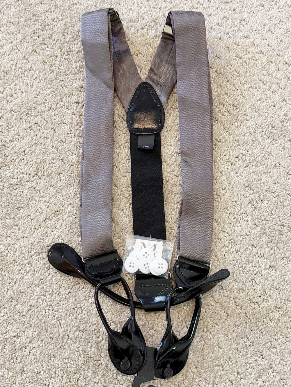 Mens Gray Suspenders Silk Button End Braces Black Leather Formal Wedding Prom